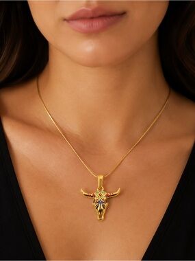 Gold Bull Skull Pendant Necklace with crystals